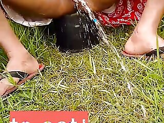 peesing alongside paddy fields